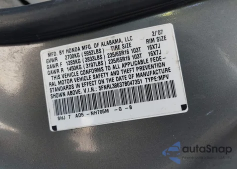 2007 Honda Odyssey Ex-L from USA, damaged, VIN 5FNRL38637B047351
